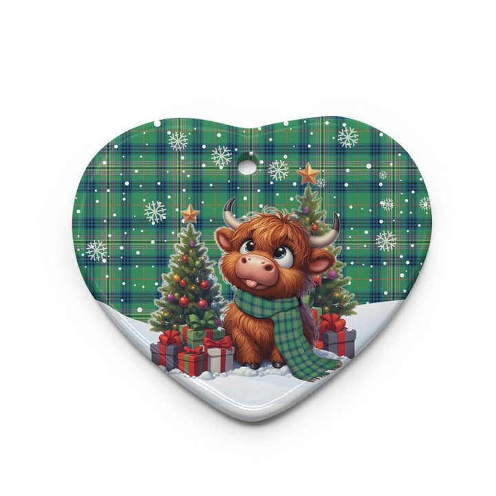 Scottish Kennedy Ancient Clan Tartan Ceramic Ornament Cute Highland Cow Christmas Heart Style Tartan Plaid