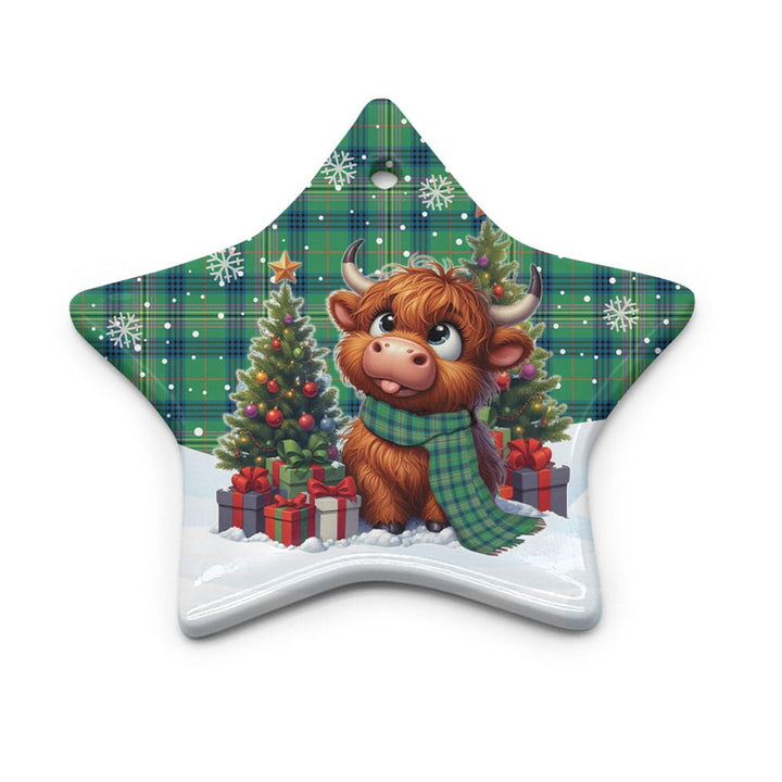 Scottish Kennedy Ancient Clan Tartan Ceramic Ornament Cute Highland Cow Christmas Star Style Tartan Plaid