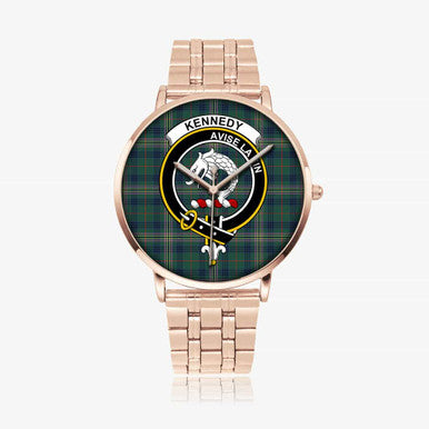 Scottish Kennedy Clan Crest Tartan Instafamous Steel Quartz Watches Tartan Plaid Rose Gold 1
