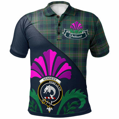 Scottish Kennedy Clan Crest Tartan Polo Shirt - Scotland Thistle Style Front Side Tartan Plaid