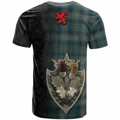 Scottish Kennedy Clan Crest Tartan T-Shirt - Half Thistle Flowers Celtic Design Back Side Tartan Plaid