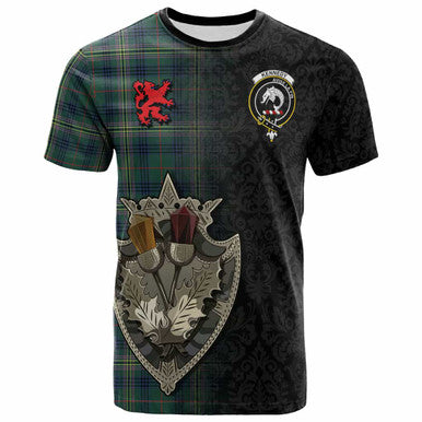 Scottish Kennedy Clan Crest Tartan T-Shirt - Half Thistle Flowers Celtic Design Front Side Tartan Plaid