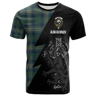 Scottish Kennedy Clan Crest Tartan T-Shirt - Lion Rampant Celtic Cross Flash Style Front Side Tartan Plaid