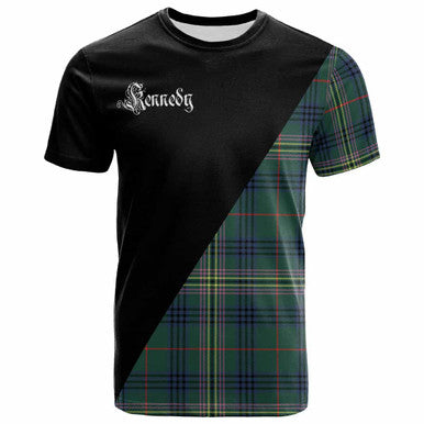 Scottish Kennedy Clan Crest Tartan T-Shirt - Military Logo Front Side Tartan Plaid