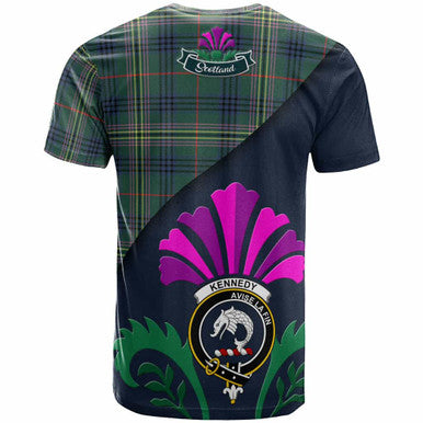 Scottish Kennedy Clan Crest Tartan T-Shirt - Scotland Thistle Style Back Side Tartan Plaid