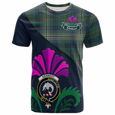 Scottish Kennedy Clan Crest Tartan T-Shirt - Scotland Thistle Style Front Side Tartan Plaid