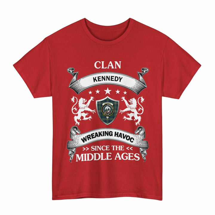 Scottish Kennedy Clan Crest Tartan T-Shirt Wreaking Havoc Design Tartan Plaid Red Color