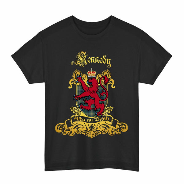 Scottish Kennedy Clan Tartan Lion Rampant of Scotland T-Shirt Tartan Plaid Black Color