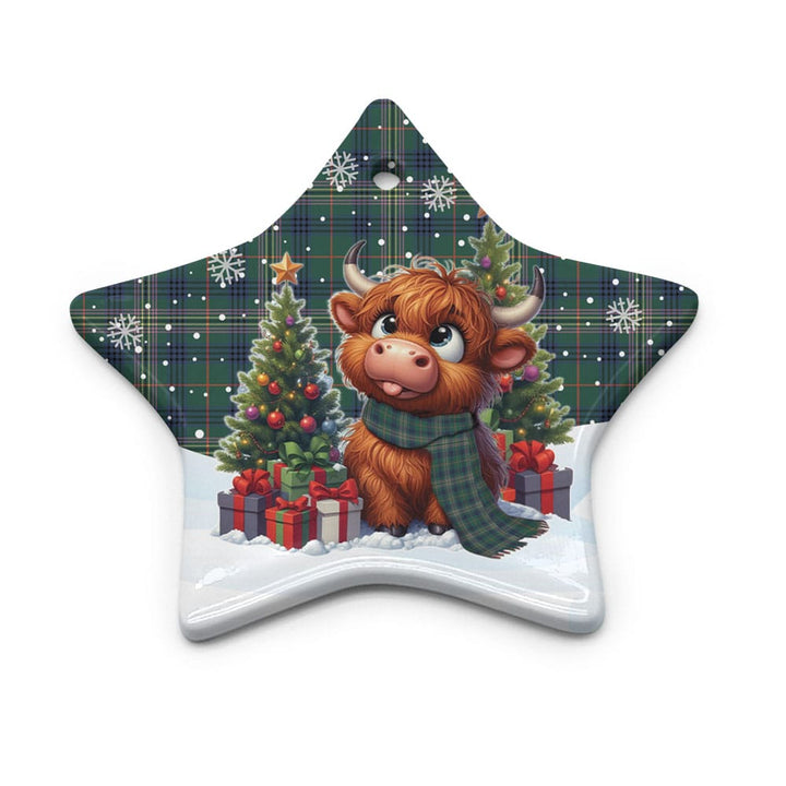 Scottish Kennedy Modern Clan Tartan Ceramic Ornament Cute Highland Cow Christmas Star Style Tartan Plaid