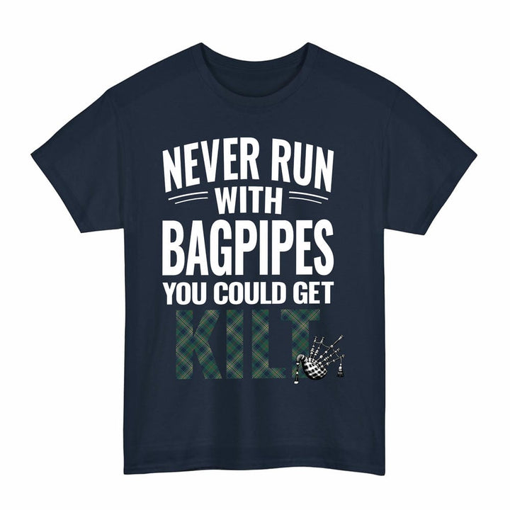 Scottish Kennedy Modern Clan Tartan Never Run With Bagpipes T-Shirt Tartan Plaid Navy Color
