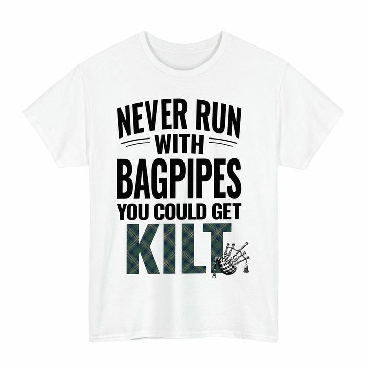 Scottish Kennedy Modern Clan Tartan Never Run With Bagpipes T-Shirt Tartan Plaid White Color