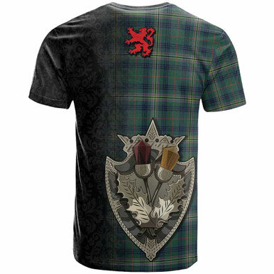 Scottish Kennedy Modern Clan Tartan T-Shirt - Half Thistle Flowers Celtic Design Back Side Tartan Plaid