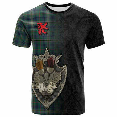 Scottish Kennedy Modern Clan Tartan T-Shirt - Half Thistle Flowers Celtic Design Front Side Tartan Plaid