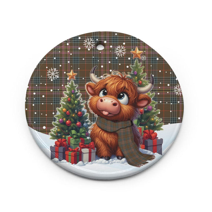 Scottish Kennedy Weathered Clan Tartan Ceramic Ornament Cute Highland Cow Christmas Circle Style Tartan Plaid