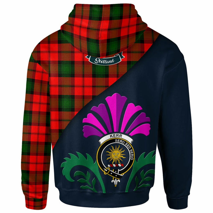 Scottish Kerr Clan Crest Tartan Hoodie - Scotland Thistle Style Back Side Tartan Plaid