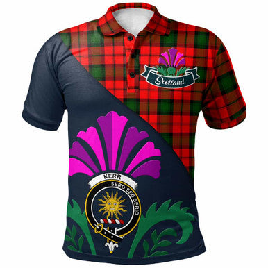Scottish Kerr Clan Crest Tartan Polo Shirt - Scotland Thistle Style Front Side Tartan Plaid