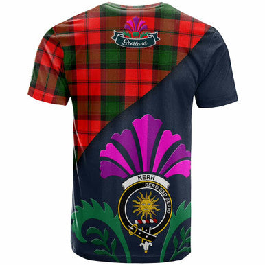 Scottish Kerr Clan Crest Tartan T-Shirt - Scotland Thistle Style Back Side Tartan Plaid