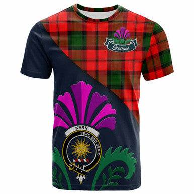 Scottish Kerr Clan Crest Tartan T-Shirt - Scotland Thistle Style Front Side Tartan Plaid