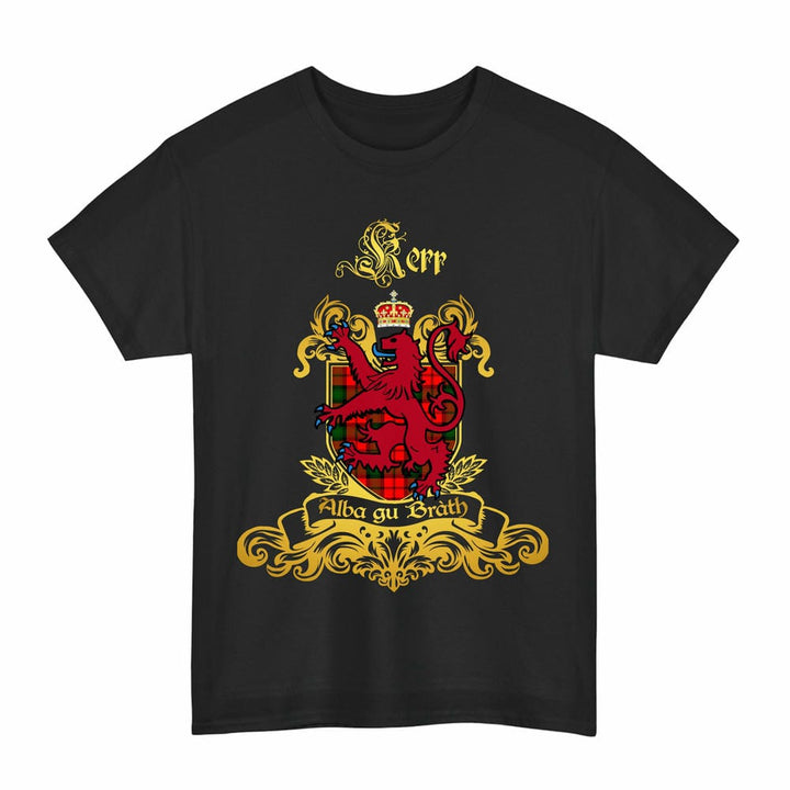 Scottish Kerr Clan Tartan Lion Rampant of Scotland T-Shirt Tartan Plaid Black Color