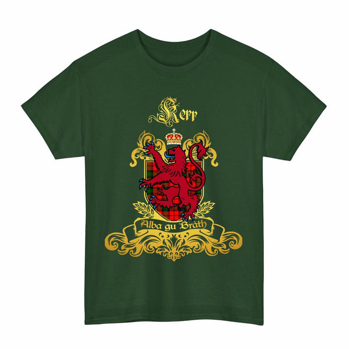 Scottish Kerr Clan Tartan Lion Rampant of Scotland T-Shirt Tartan Plaid Forest Green Color