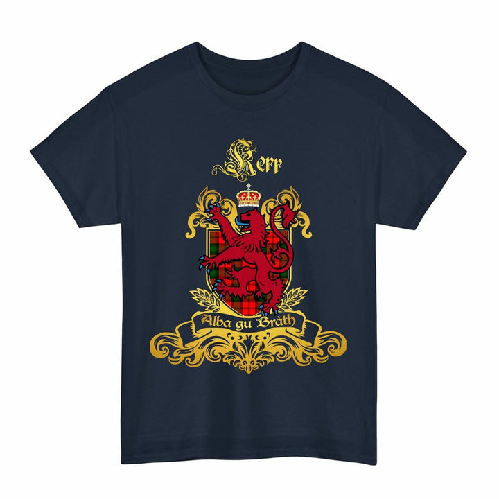 Scottish Kerr Clan Tartan Lion Rampant of Scotland T-Shirt Tartan Plaid Navy Color