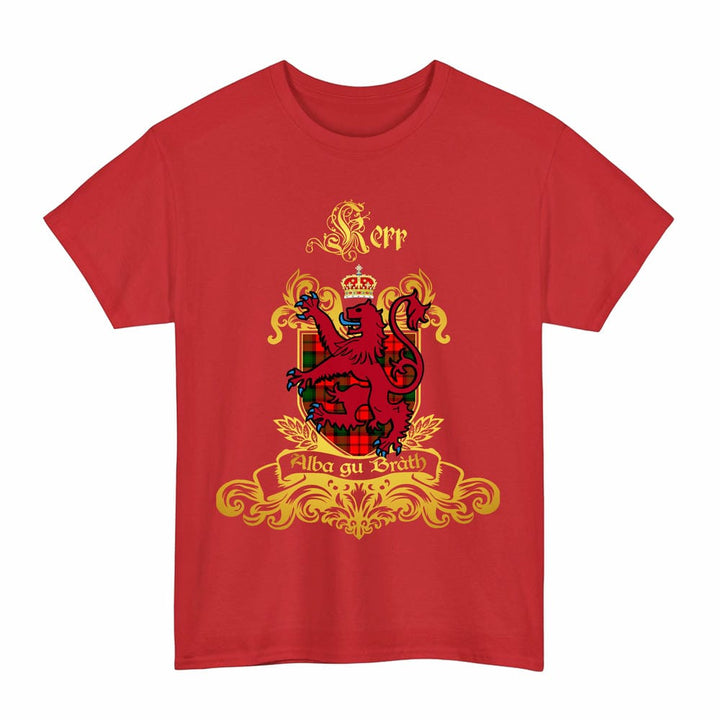Scottish Kerr Clan Tartan Lion Rampant of Scotland T-Shirt Tartan Plaid Red Color