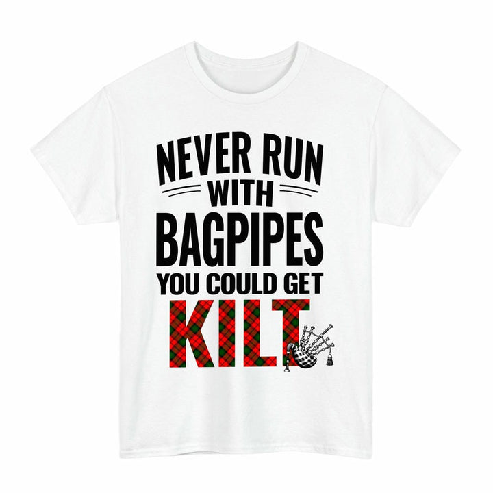 Scottish Kerr Modern Clan Tartan Never Run With Bagpipes T-Shirt Tartan Plaid White Color