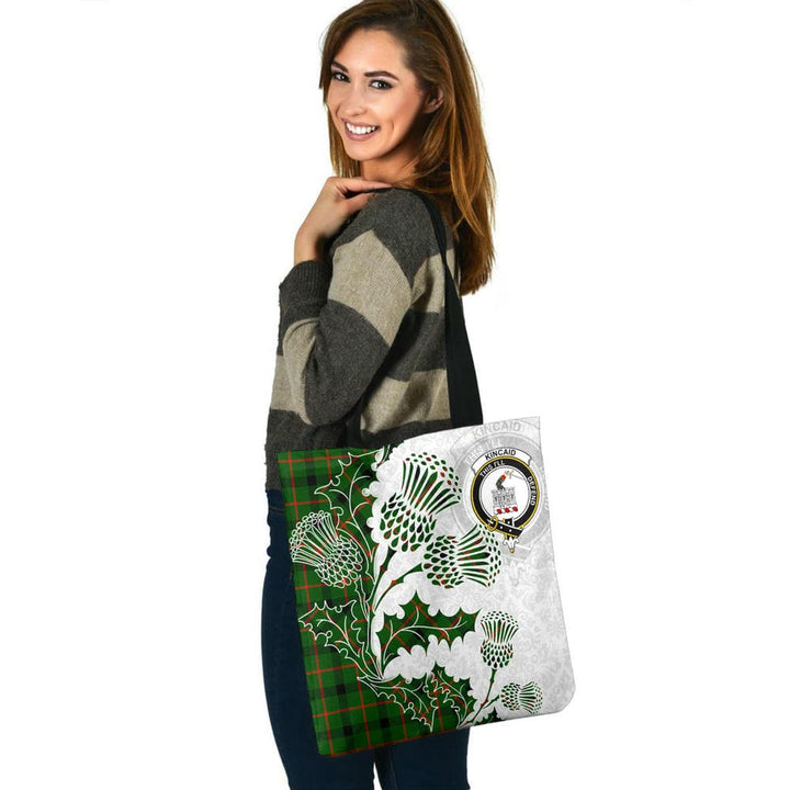 Scottish Kincaid Clan Crest Tartan Tote Bag - Thistle Flowers Style Tartan Plaid 3
