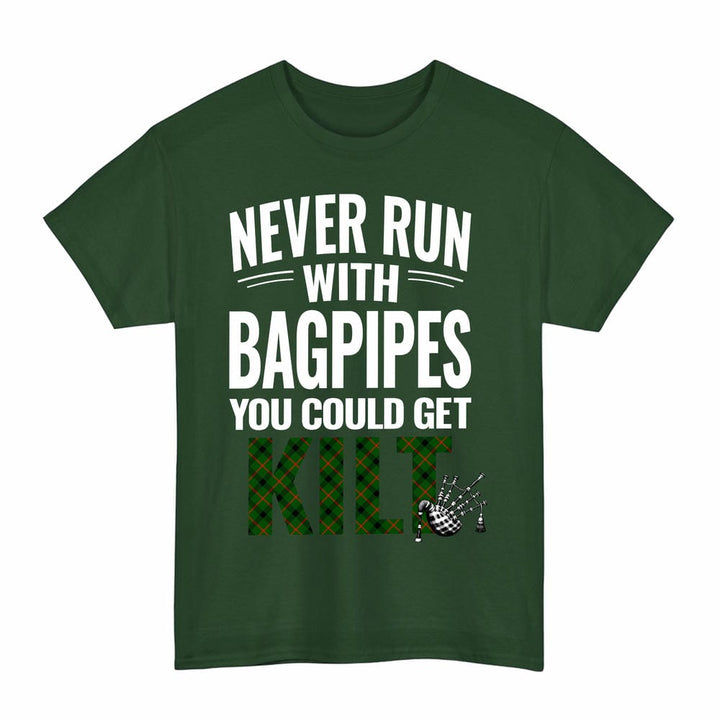 Scottish Kincaid Modern Clan Tartan Never Run With Bagpipes T-Shirt Tartan Plaid Forest Green Color