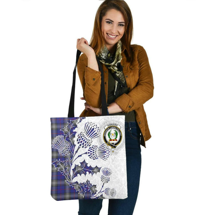 Scottish Kinnaird Clan Crest Tartan Tote Bag - Thistle Flowers Style Tartan Plaid 2