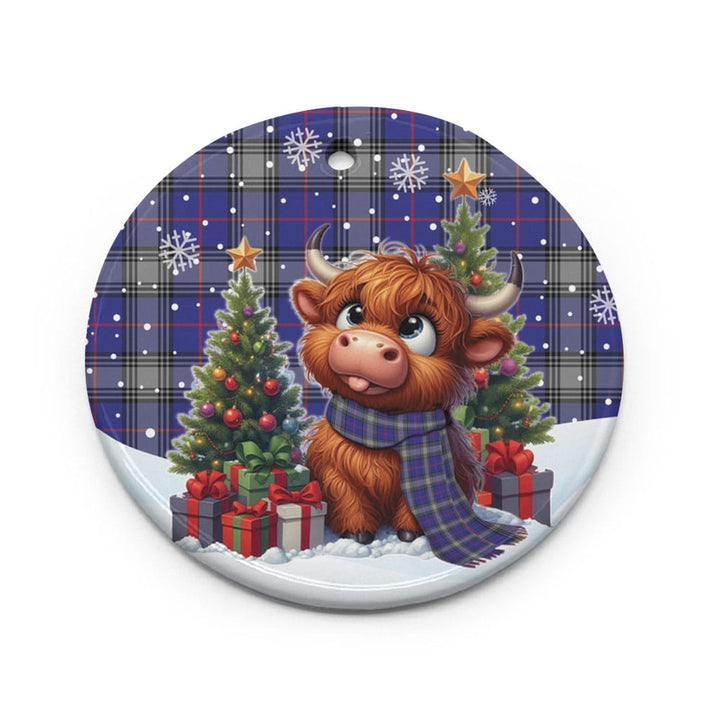 Scottish Kinnaird Clan Tartan Ceramic Ornament Cute Highland Cow Christmas Circle Style Tartan Plaid