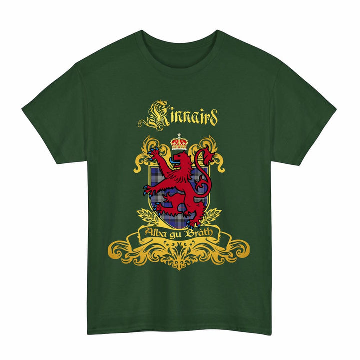 Scottish Kinnaird Clan Tartan Lion Rampant of Scotland T-Shirt Tartan Plaid Forest Green Color