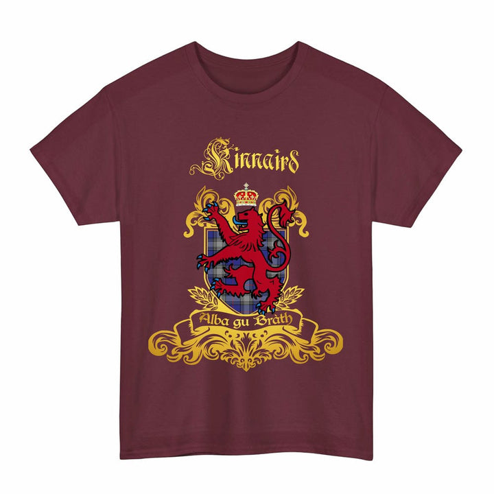 Scottish Kinnaird Clan Tartan Lion Rampant of Scotland T-Shirt Tartan Plaid Maroon Color