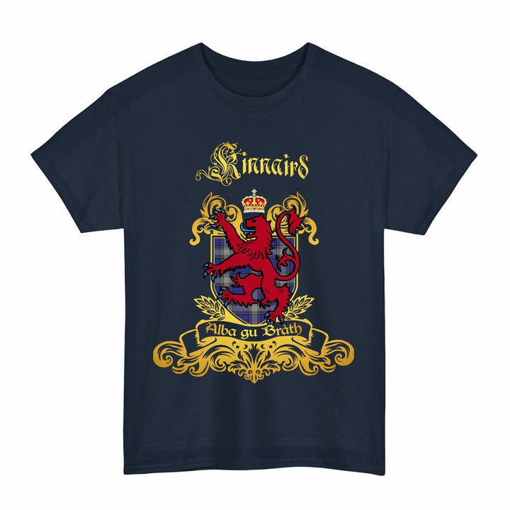 Scottish Kinnaird Clan Tartan Lion Rampant of Scotland T-Shirt Tartan Plaid Navy Color