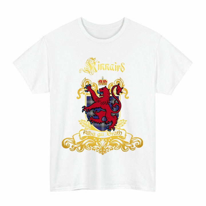 Scottish Kinnaird Clan Tartan Lion Rampant of Scotland T-Shirt Tartan Plaid White Color