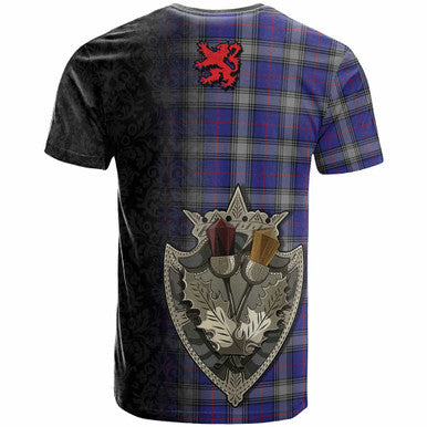 Scottish Kinnaird Clan Tartan T-Shirt - Half Thistle Flowers Celtic Design Back Side Tartan Plaid