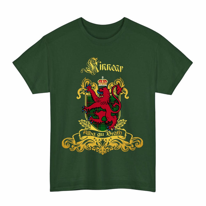 Scottish Kinnear Clan Tartan Lion Rampant of Scotland T-Shirt Tartan Plaid Forest Green Color