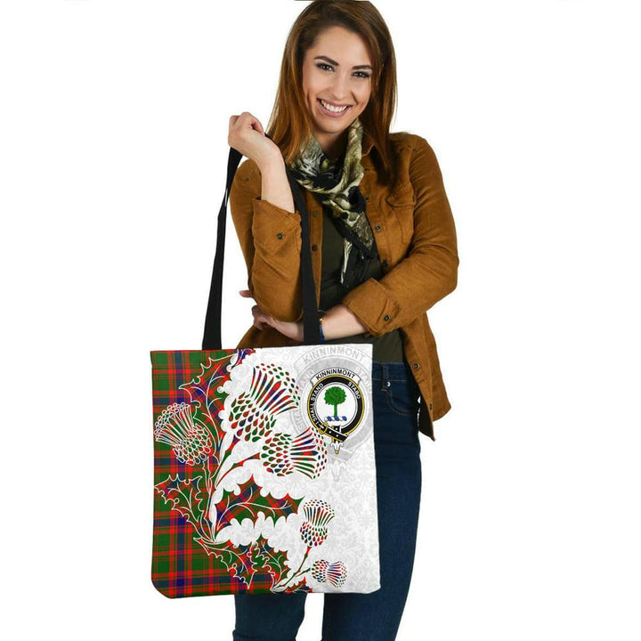 Scottish Kinninmont Clan Crest Tartan Tote Bag - Thistle Flowers Style Tartan Plaid 2