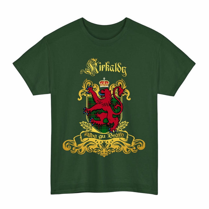 Scottish Kirkaldy Clan Tartan Lion Rampant of Scotland T-Shirt Tartan Plaid Forest Green Color