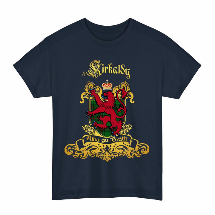 Scottish Kirkaldy Clan Tartan Lion Rampant of Scotland T-Shirt Tartan Plaid Navy Color