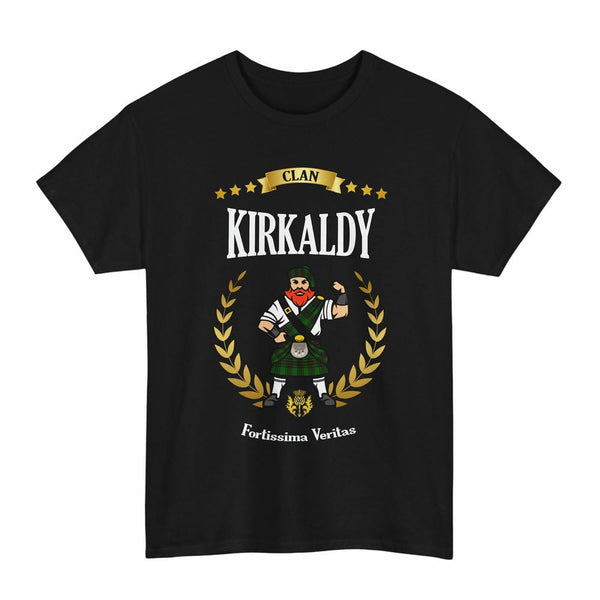 Scottish Kirkaldy Clan Tartan T-Shirt - Motto Scotsman Tartan Plaid Black Color