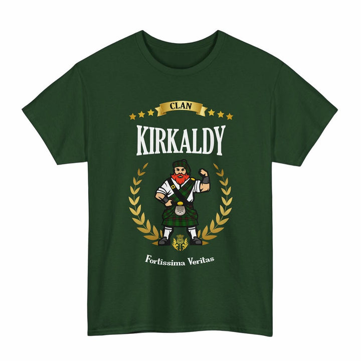 Scottish Kirkaldy Clan Tartan T-Shirt - Motto Scotsman Tartan Plaid Forest Green Color