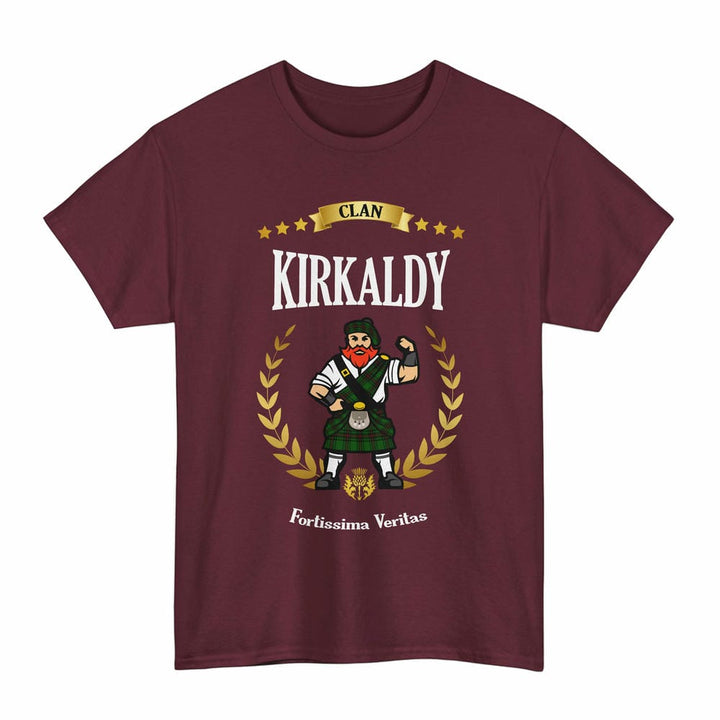 Scottish Kirkaldy Clan Tartan T-Shirt - Motto Scotsman Tartan Plaid Maroon Color