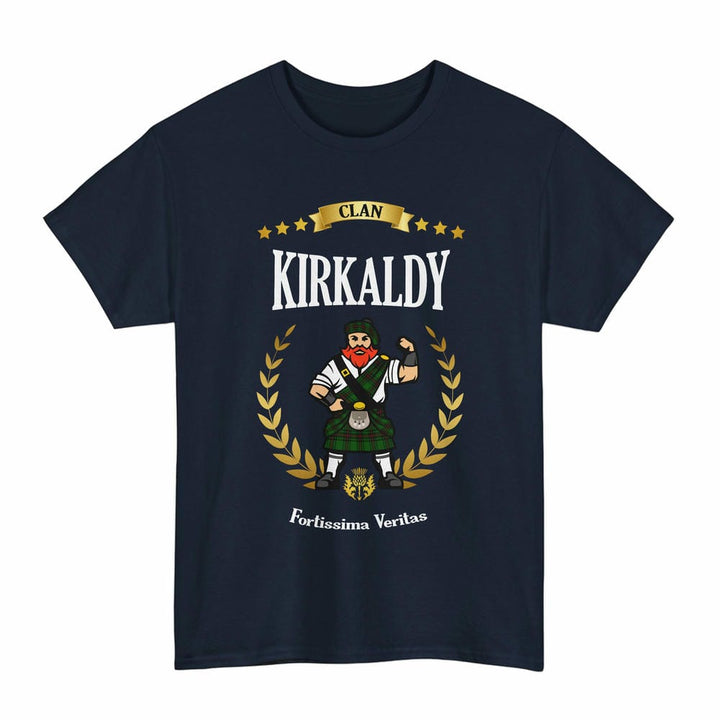 Scottish Kirkaldy Clan Tartan T-Shirt - Motto Scotsman Tartan Plaid Navy Color