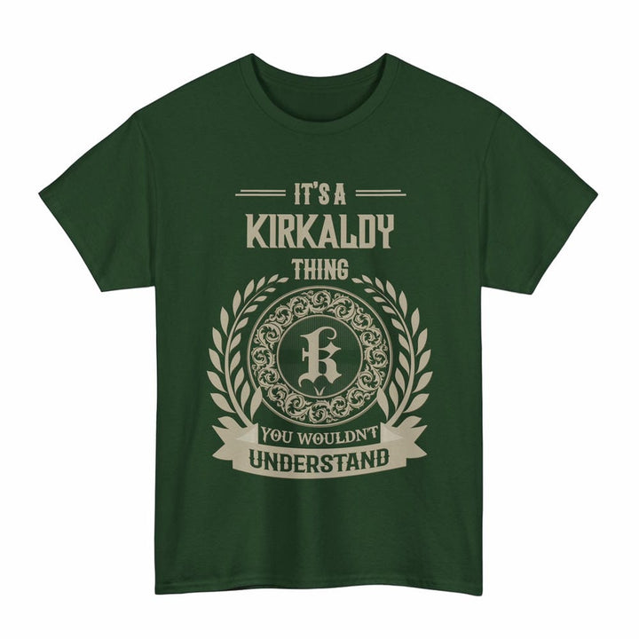 Scottish Kirkaldy Clan Tartan T-Shirt - Vintage Family Name Tartan Plaid Forest Green Color