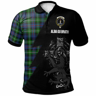 Scottish Kirkpatrick Clan Crest Tartan Polo Shirt - Lion Rampant Celtic Cross Flash Style Front Side Tartan Plaid