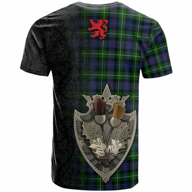 Scottish Kirkpatrick Clan Crest Tartan T-Shirt - Half Thistle Flowers Celtic Design Back Side Tartan Plaid