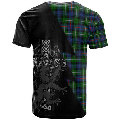 Scottish Kirkpatrick Clan Crest Tartan T-Shirt - Lion Rampant Celtic Cross Flash Style Back Side Tartan Plaid