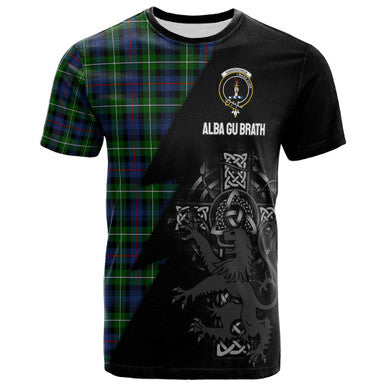 Scottish Kirkpatrick Clan Crest Tartan T-Shirt - Lion Rampant Celtic Cross Flash Style Front Side Tartan Plaid