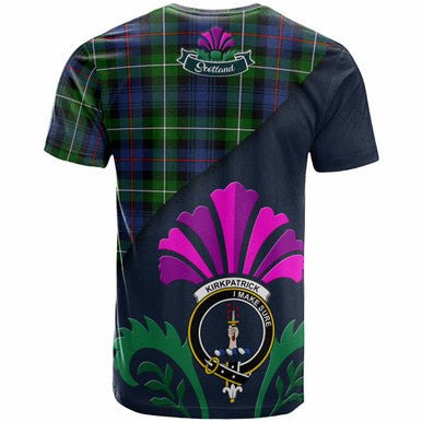 Scottish Kirkpatrick Clan Crest Tartan T-Shirt - Scotland Thistle Style Back Side Tartan Plaid